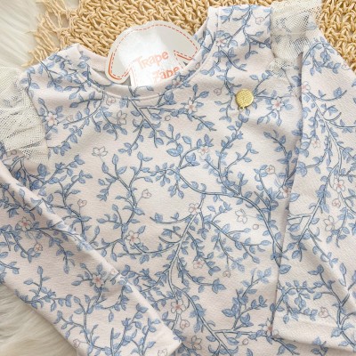 Conj. Blusa Manga Longa Floral e Calça Anarruga - Azul